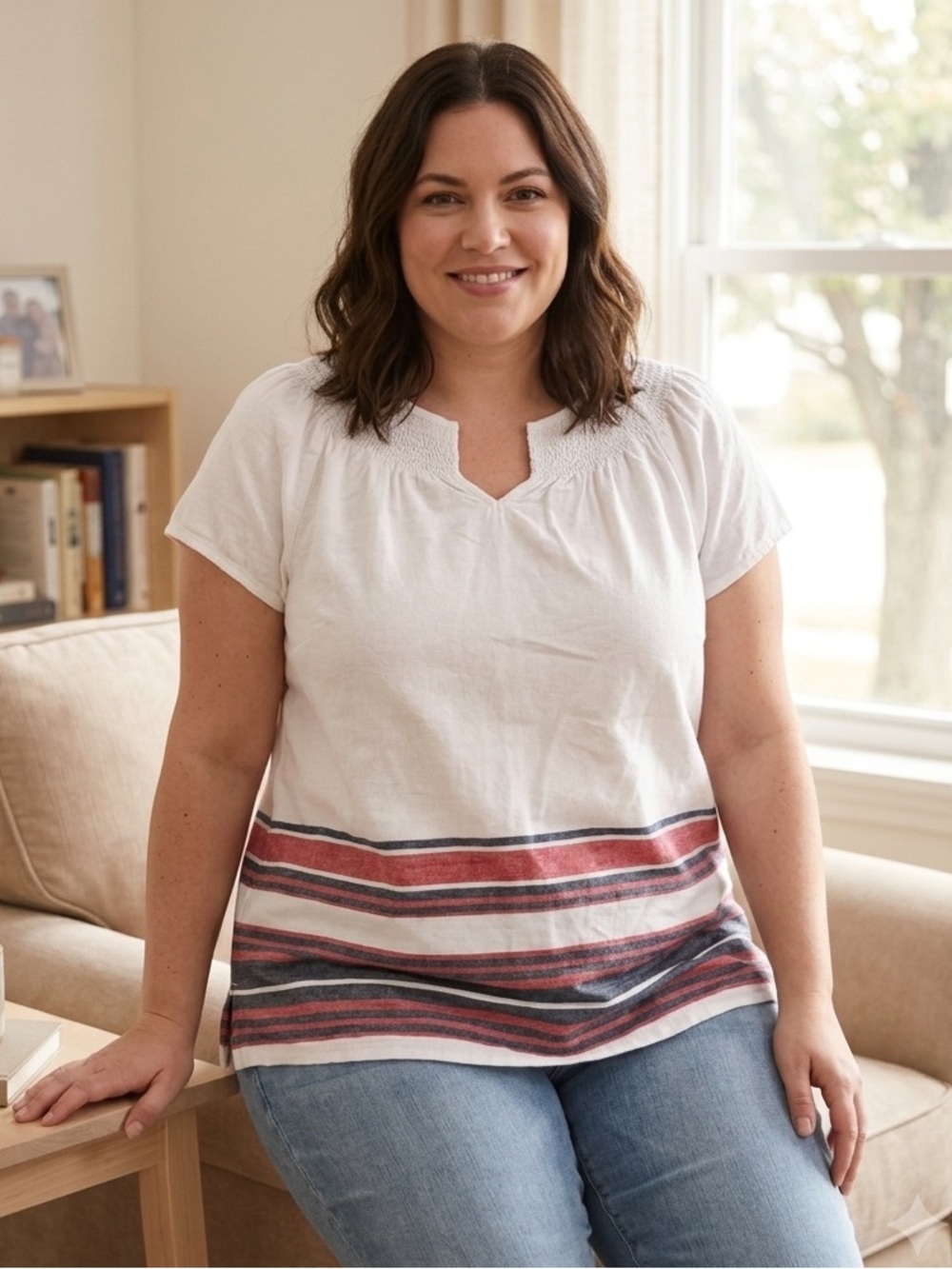 Talbots White Short-Sleeve Tunic with Red and Navy Stripe Hem, XLP , P2P: 23”